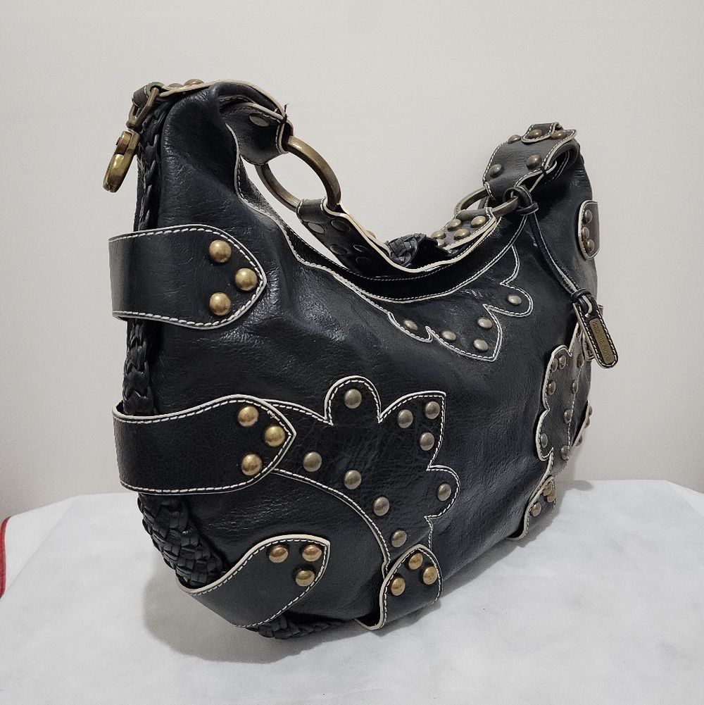 Isabella Fiore Black Leather Studded Braided Hobo Shoulder Bag Boho Western Chic - Picture 5 of 15